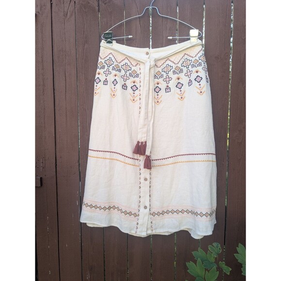 Denim & Co Embroidered Linen Skirt Size Large boho hippie Cross Stitch - Picture 1 of 9